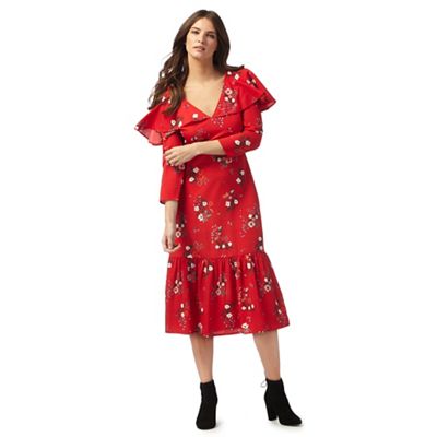 Red floral print midi dress